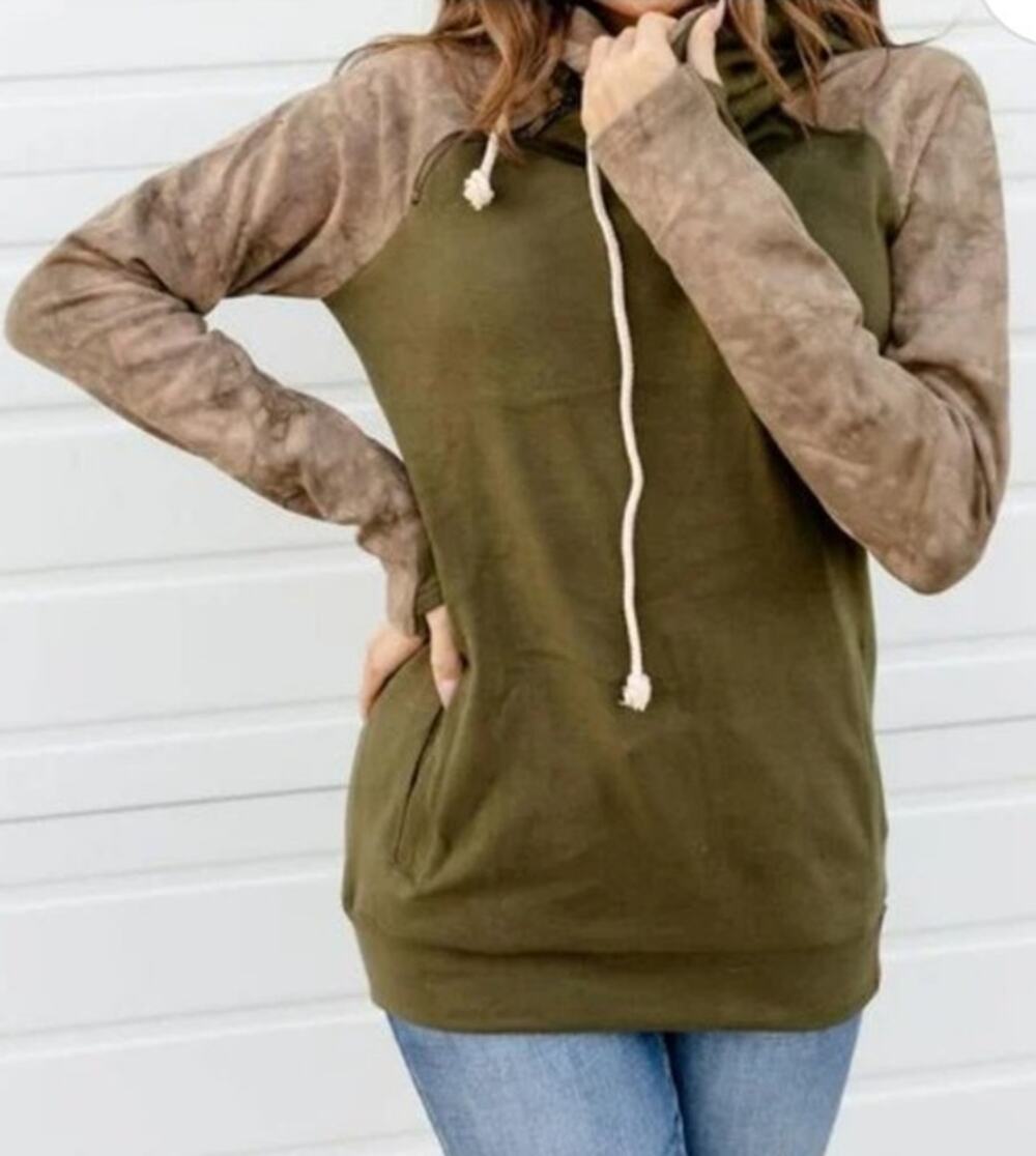 Ampersand Double Hood Olive Tie Dye Womens Sweatshirt Size L
